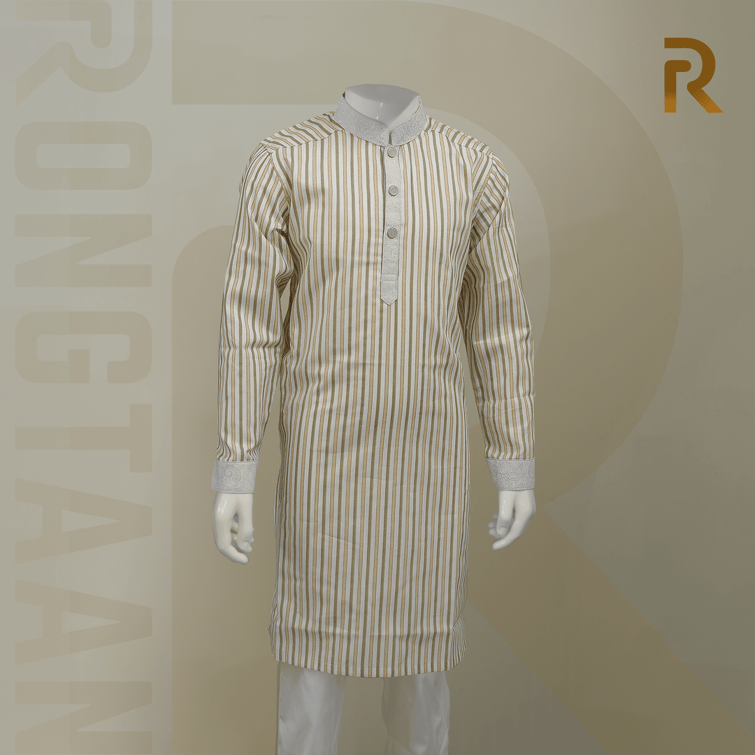Classic Yellow Stripe with Contrast Print Design Premium Cotton Kid's Single Panjabi with Designer Snap Buttons