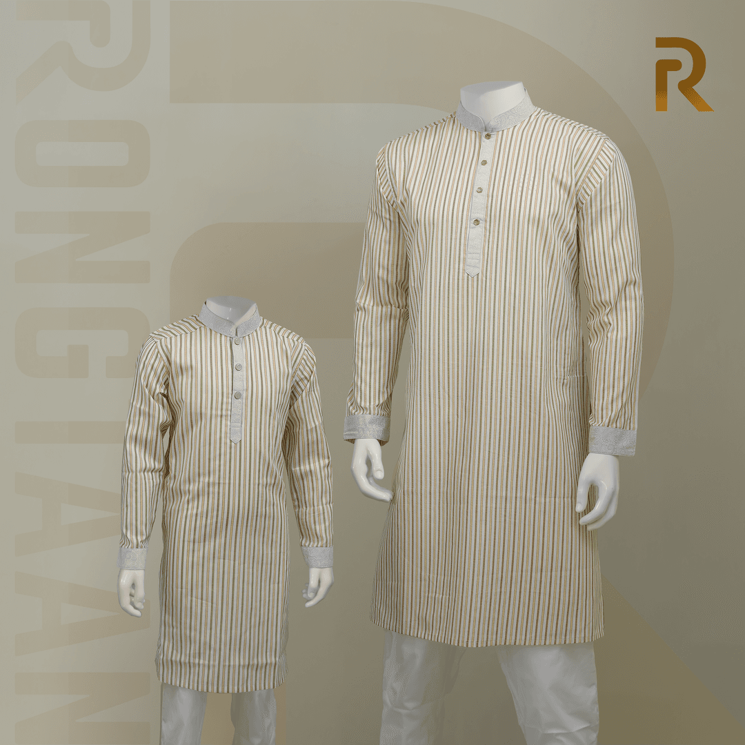 Classic Yellow Stripe with Contrast Print Design Premium Cotton Combo Panjabi with Designer Snap Buttons