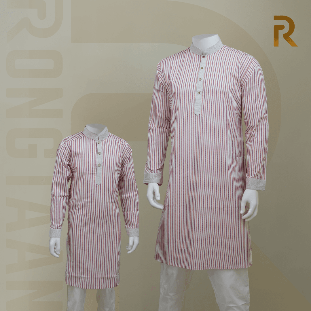 Classic Pink Stripe with Contrast Print Design Premium Cotton Combo Panjabi with Designer Snap Buttons