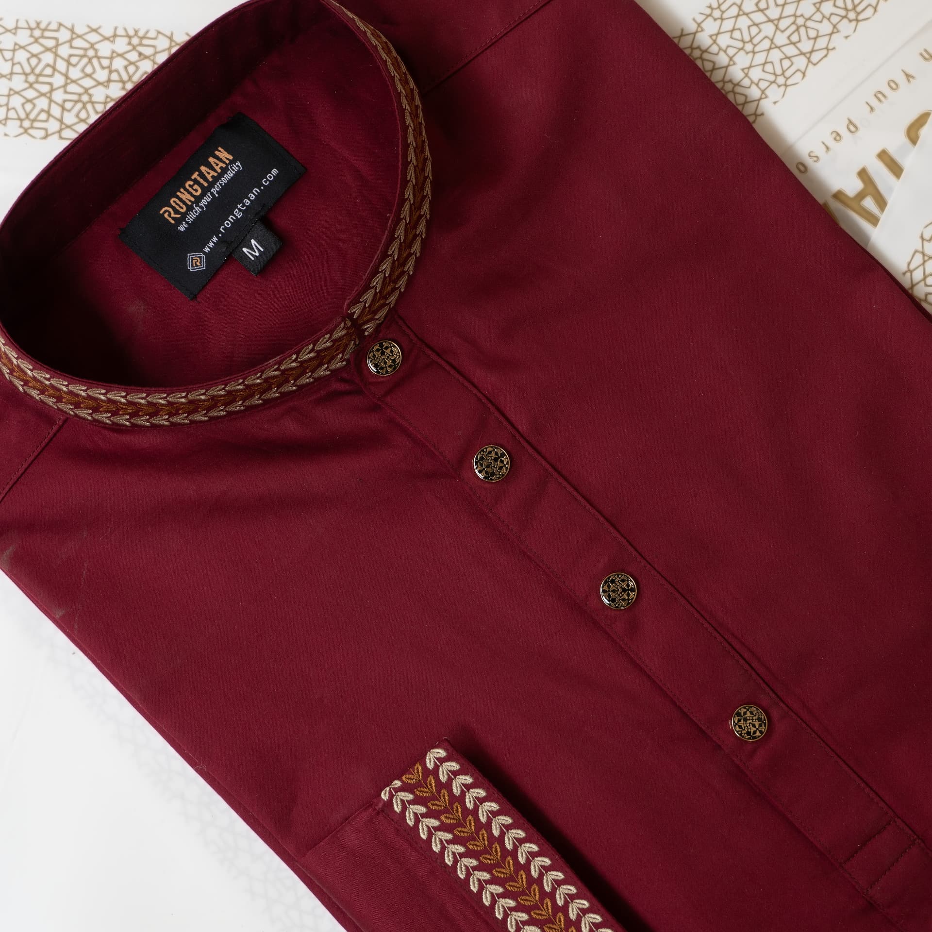 Premium Maroon Embroidered Cotton Panjabi with Designer Collar & Metal Snap Button 