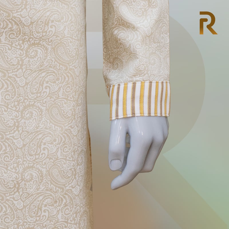 Classic Yellow Print Design with Contrast Stripe Collar Premium Cotton Kid's Single Panjabi with Designer Snap Buttons