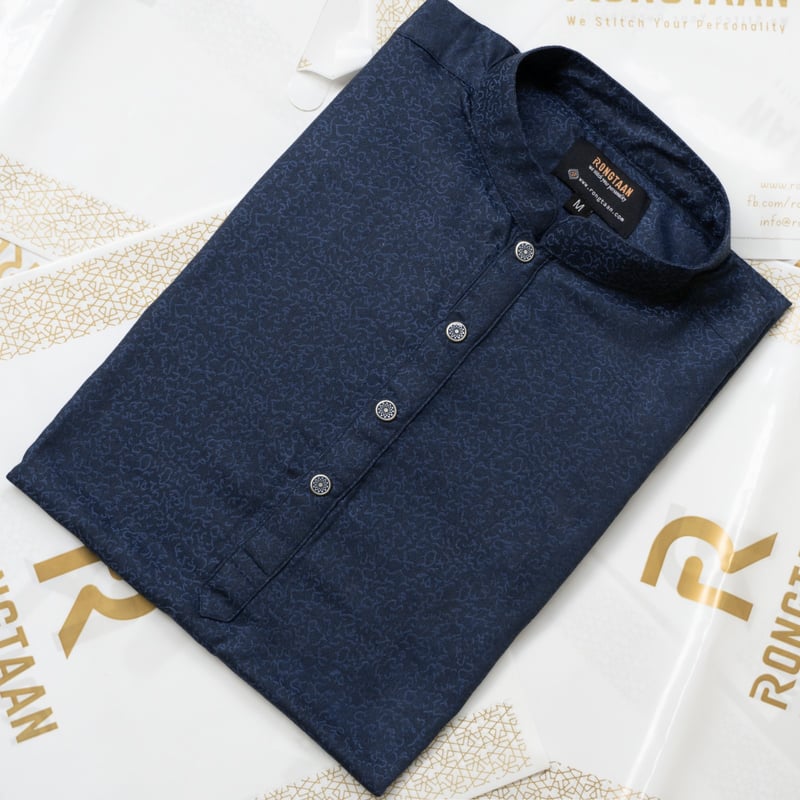 Midnight Blue Jacquard Embroidery Premium Cotton Panjabi