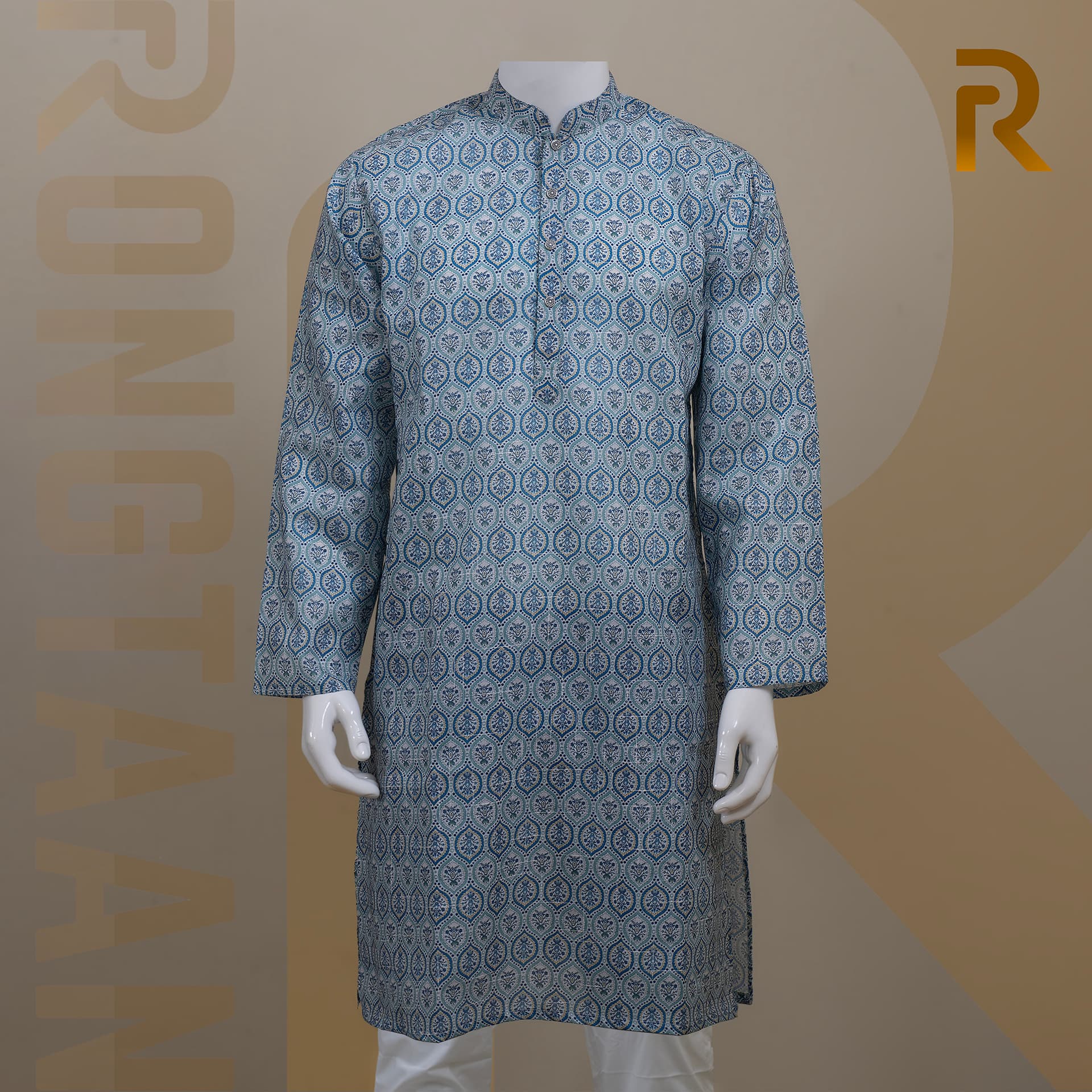 Cyan Digital Print Premium Cotton Panjabi with Designer Snap Buttons