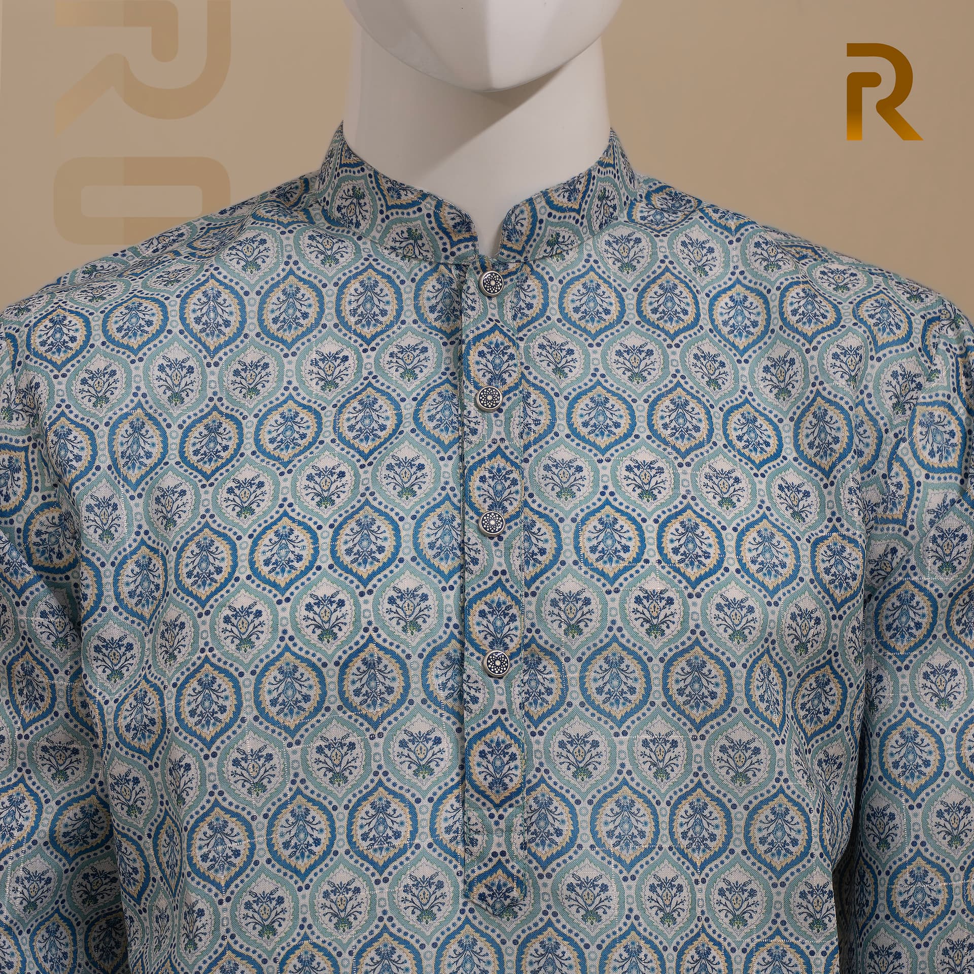 Cyan Digital Print Premium Cotton Panjabi with Designer Snap Buttons