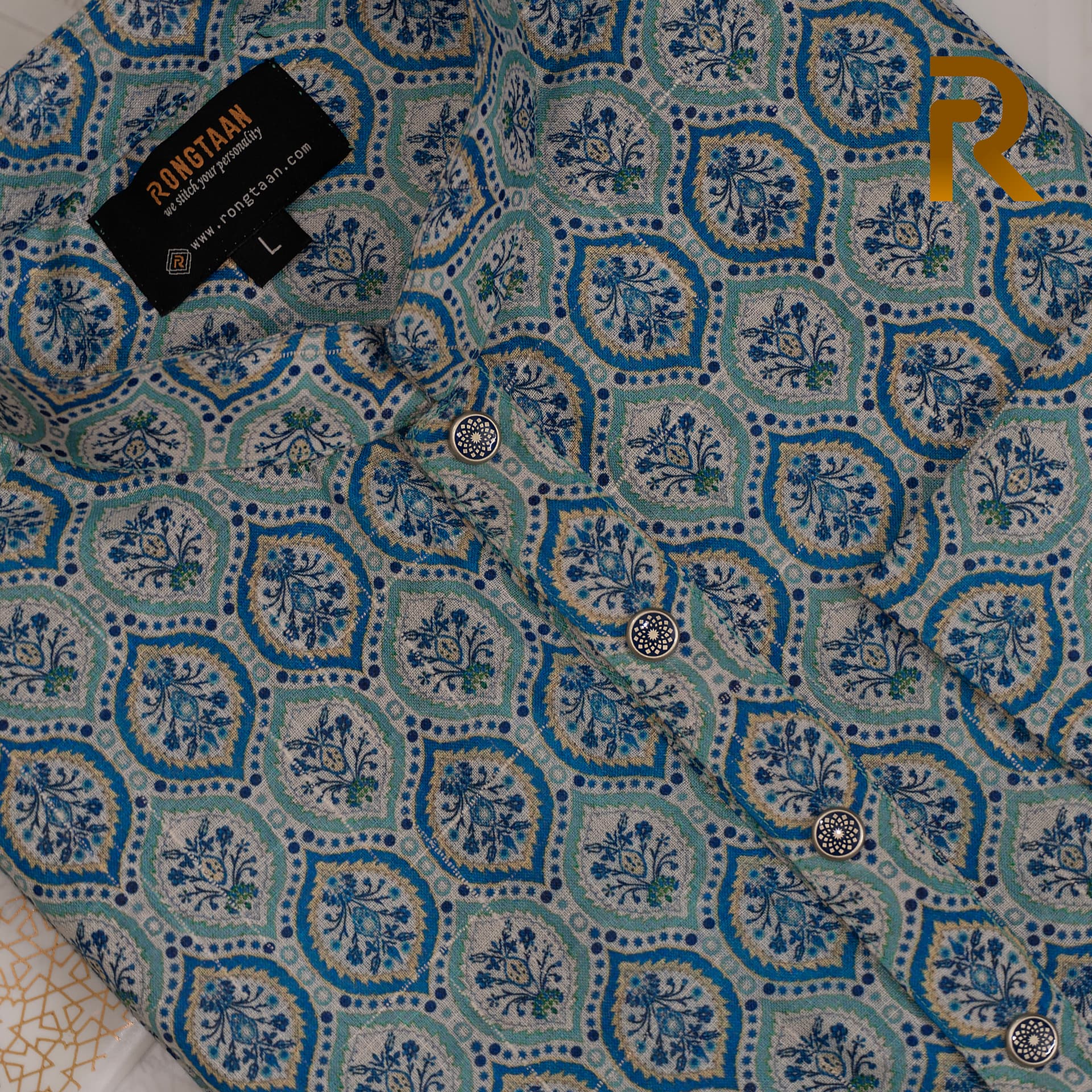 Cyan Digital Print Premium Cotton Panjabi with Designer Snap Buttons