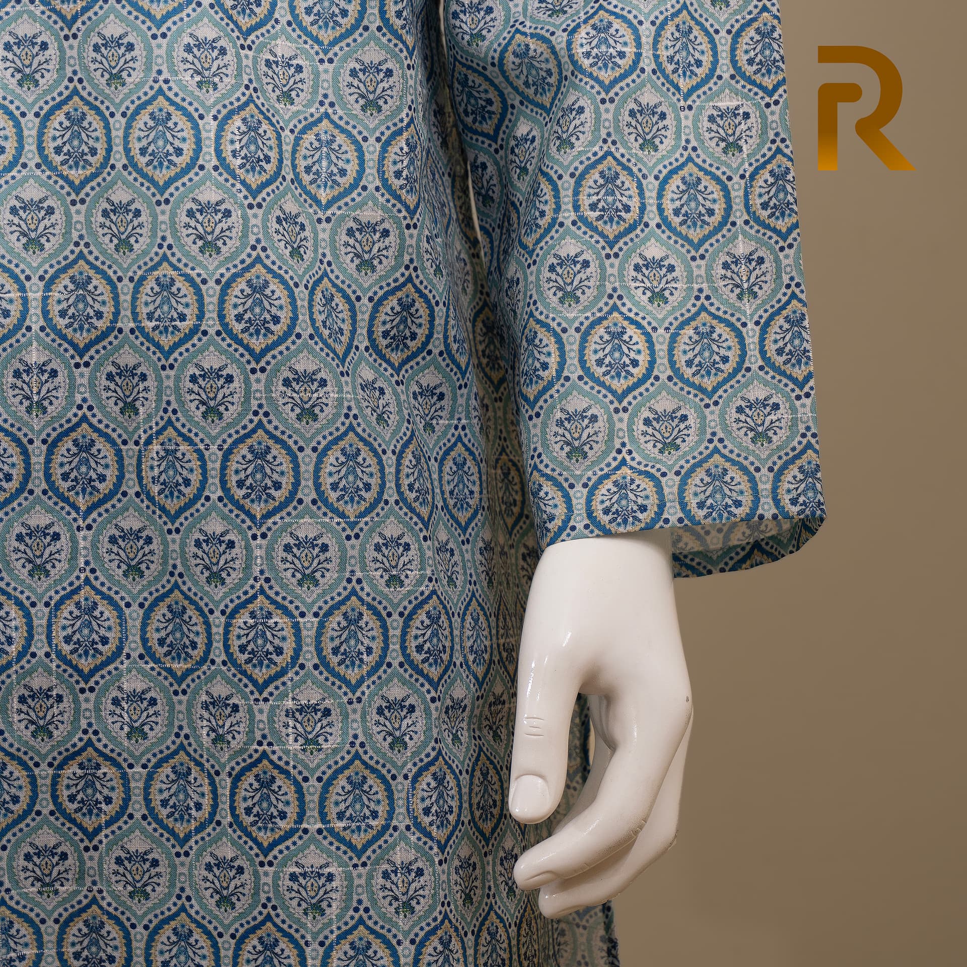 Cyan Digital Print Premium Cotton Panjabi with Designer Snap Buttons
