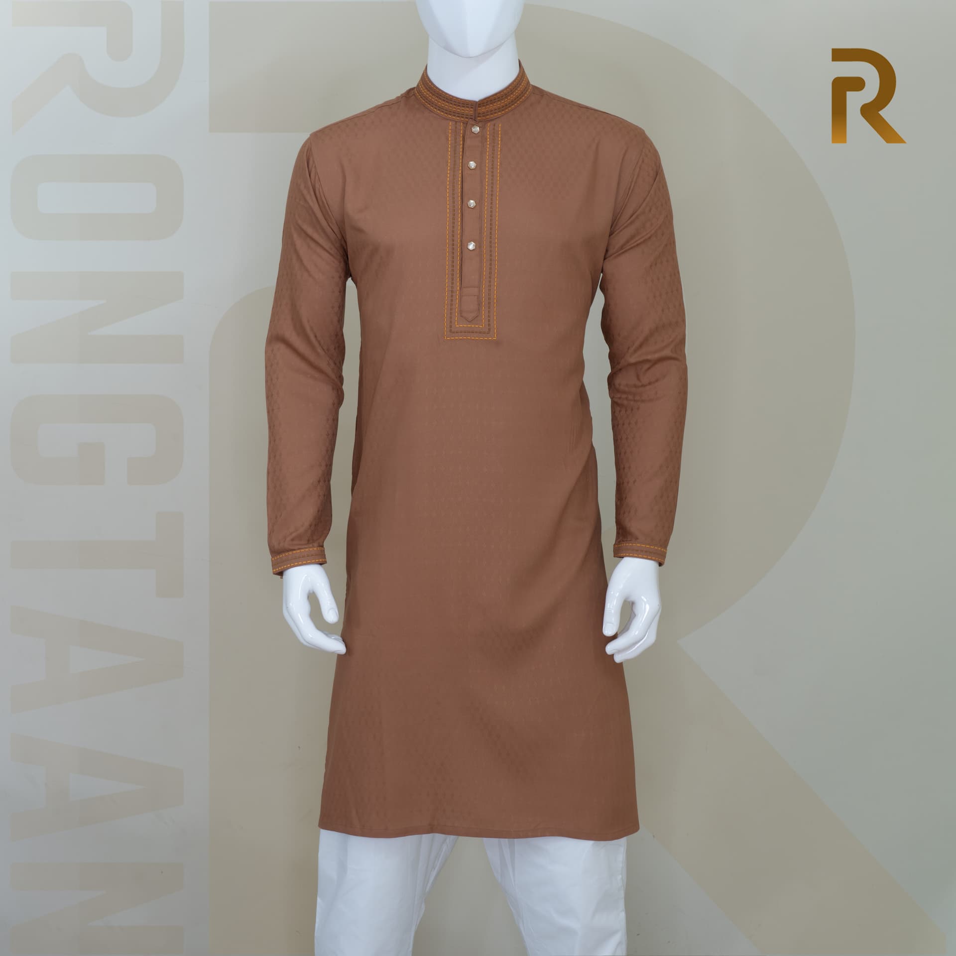 Premium Cinnamon Brown Jacquard Cotton Panjabi with Elegant Embroidery & Snap Button