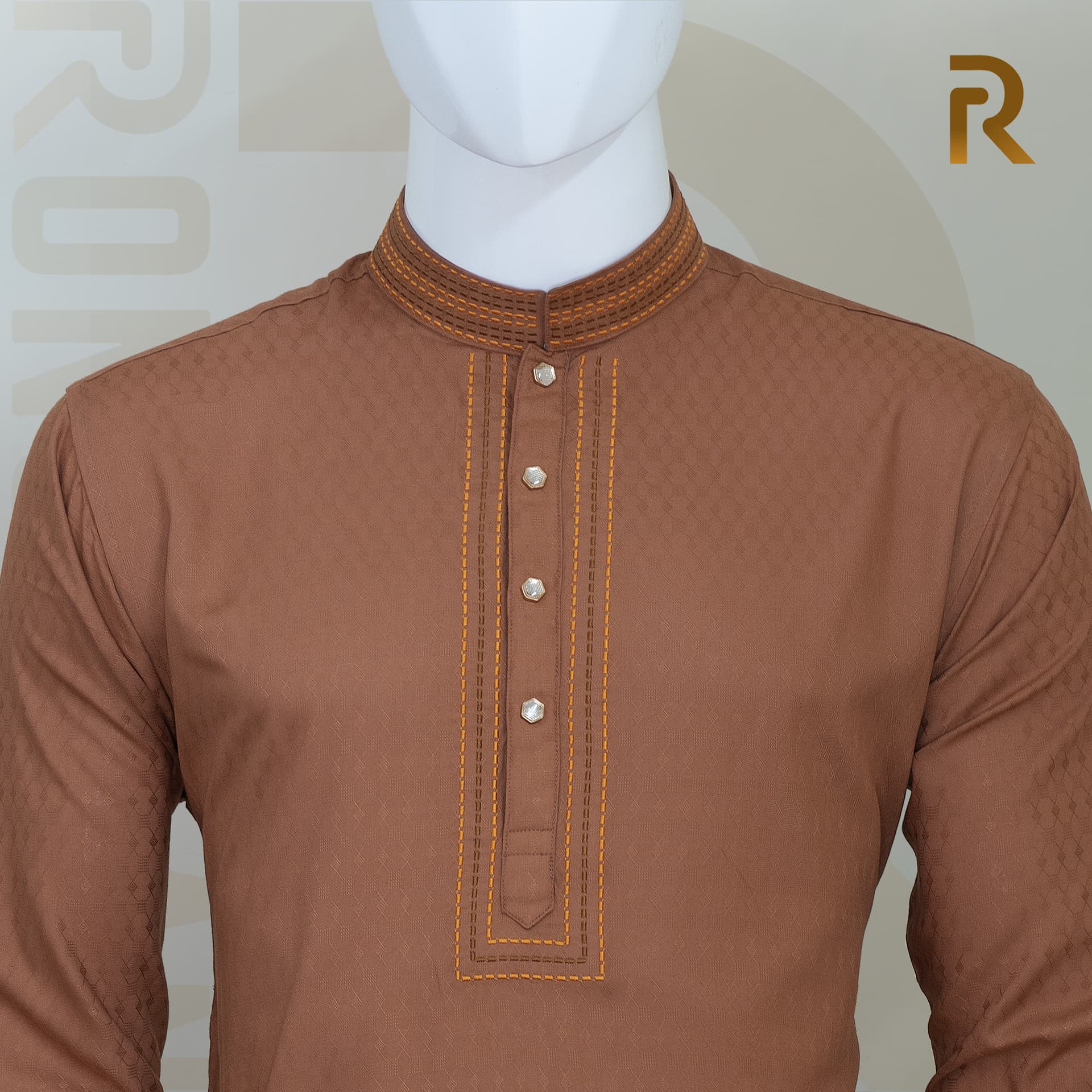 Premium Cinnamon Brown Jacquard Cotton Panjabi with Elegant Embroidery & Snap Button