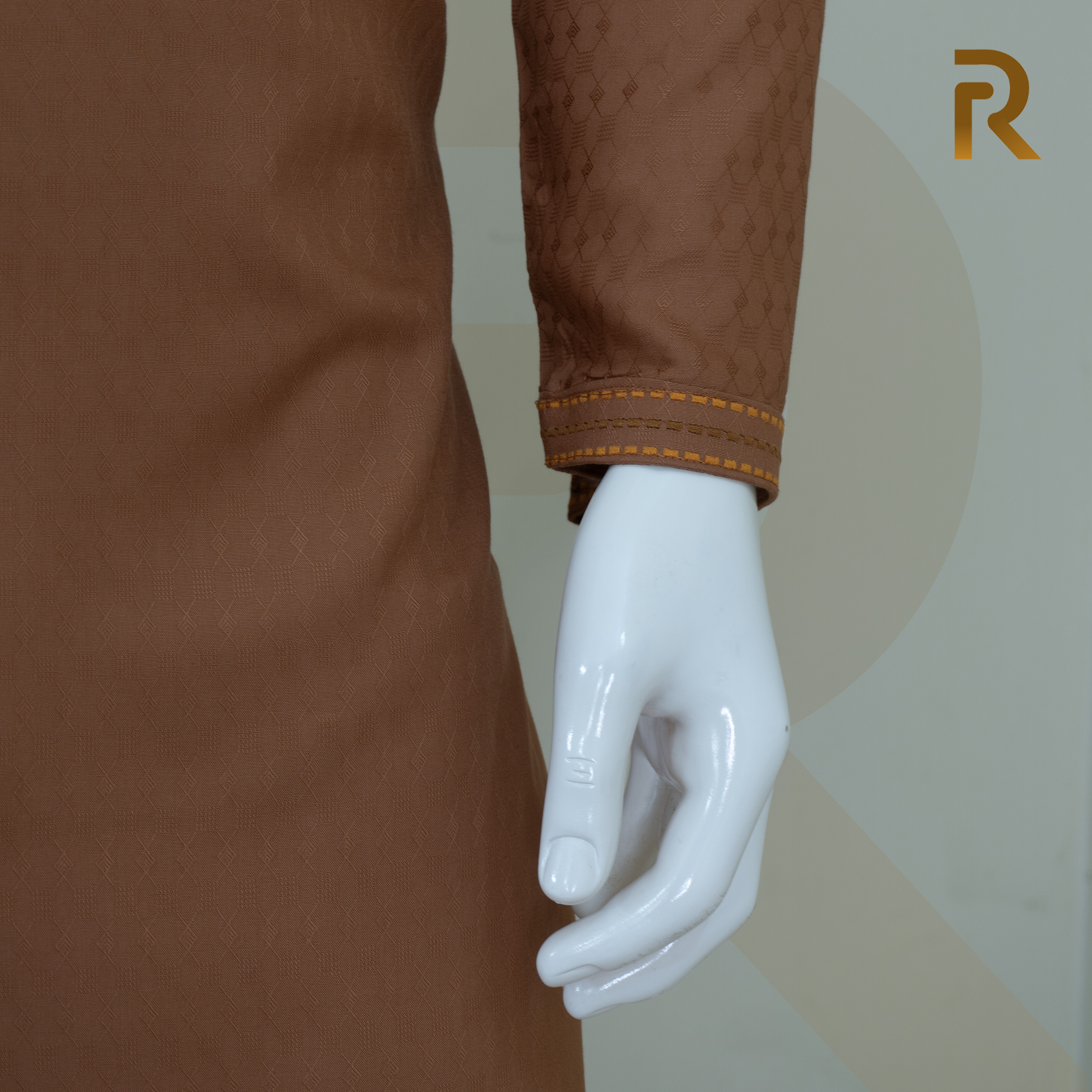 Premium Cinnamon Brown Jacquard Cotton Panjabi with Elegant Embroidery & Snap Button