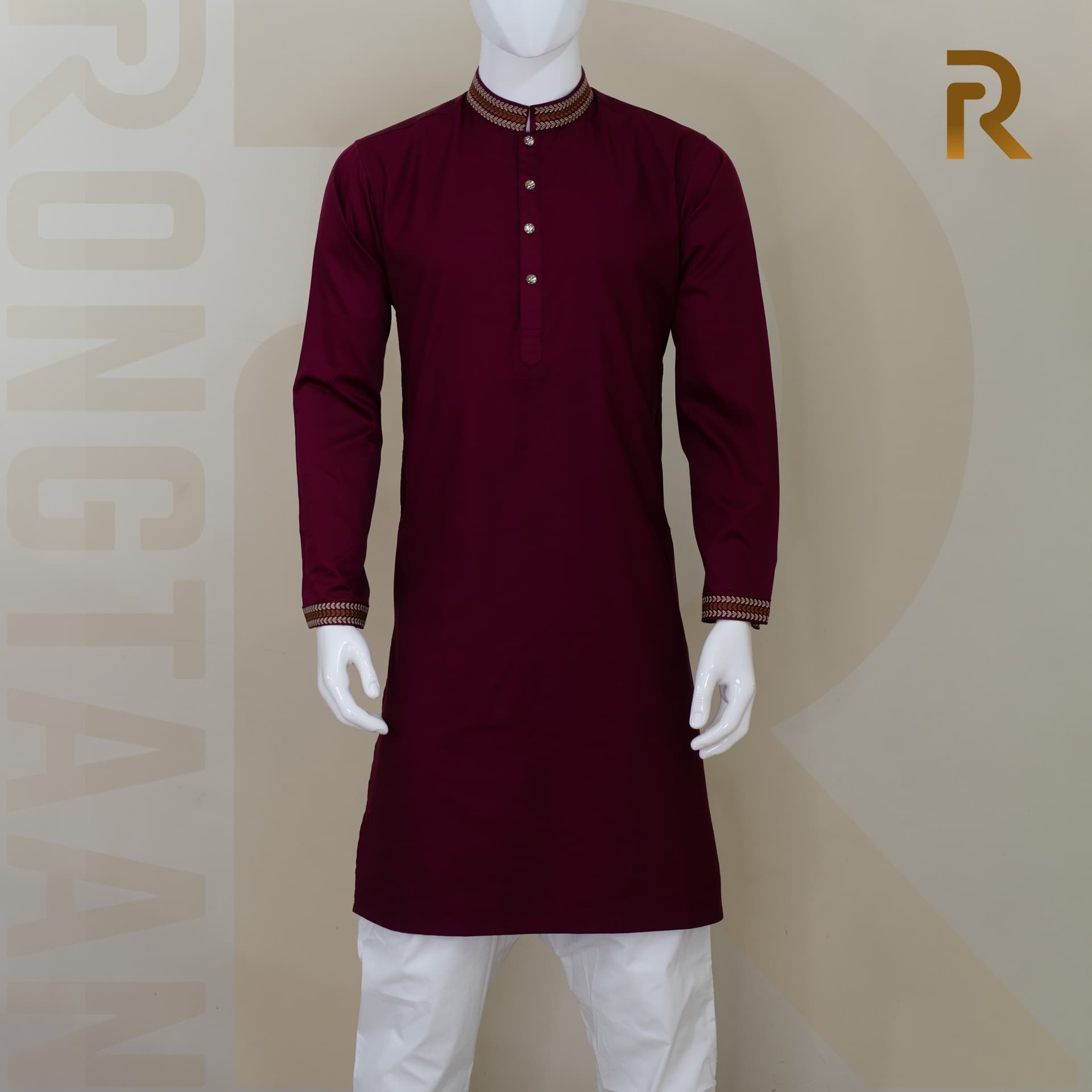 Premium Maroon Embroidered Cotton Panjabi with Designer Collar & Metal Snap Button