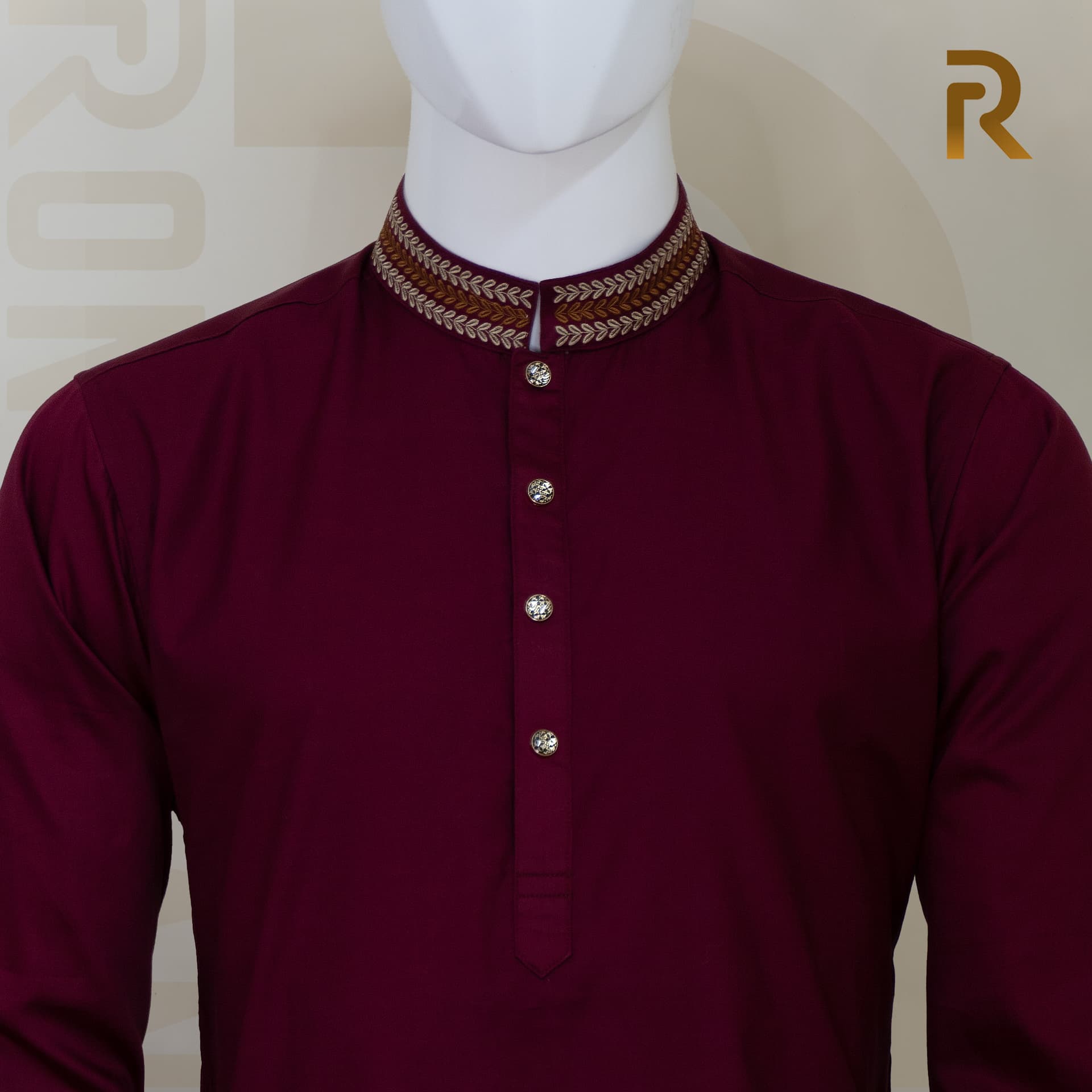 Premium Maroon Embroidered Cotton Panjabi with Designer Collar & Metal Snap Button
