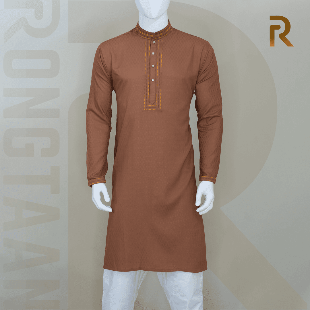 Premium Cinnamon Brown Jacquard Cotton Panjabi with Elegant Embroidery & Snap Button