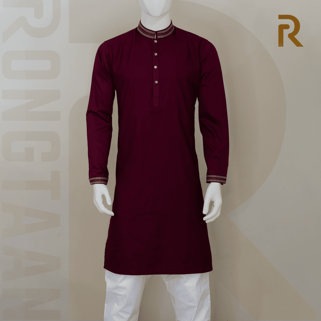 Premium Maroon Embroidered Cotton Panjabi with Designer Collar & Metal Snap Button