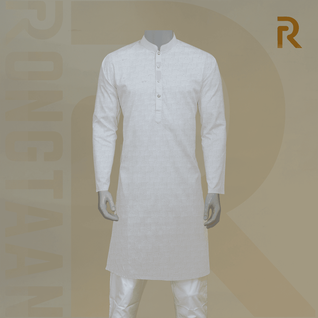 Soft White Print Premium Cotton Men's Panjabi with Designer Snap Buttons